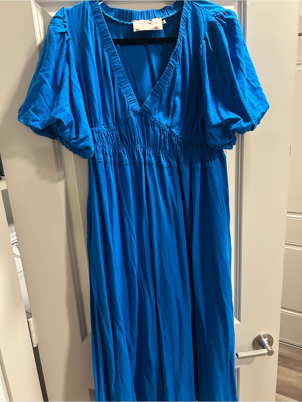 Blue V-Neck Puff-Sleeve Maxi Dress